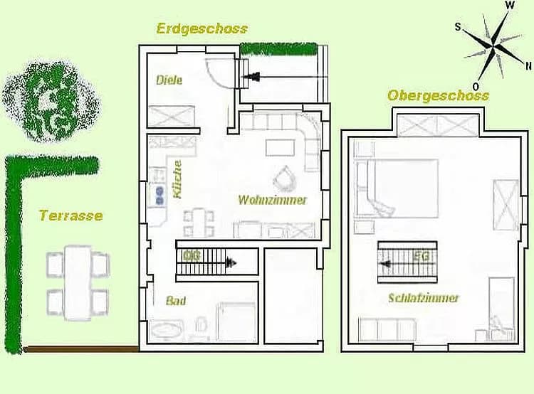 Grundriss Ferienhaus 60 qm – Erdgeschoss mit Diele, Küche, Wohnzimmer, Bad und Terrasse; Obergeschoss mit Schlafzimmer